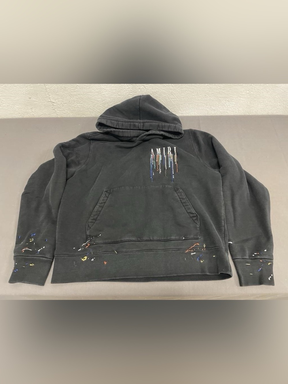 AMIRI Black Hoodie with Multicolor Paint Drip Detail
